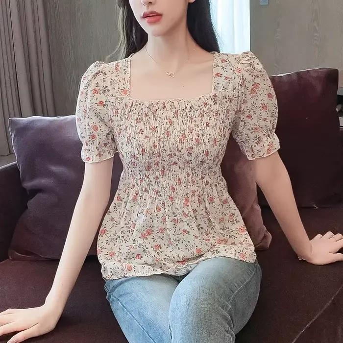 Blouses en Chiffon Vintage d'Été pour Femmes 2026, Blouse Casual Harajuku à Imprimé Floral, Vêtement