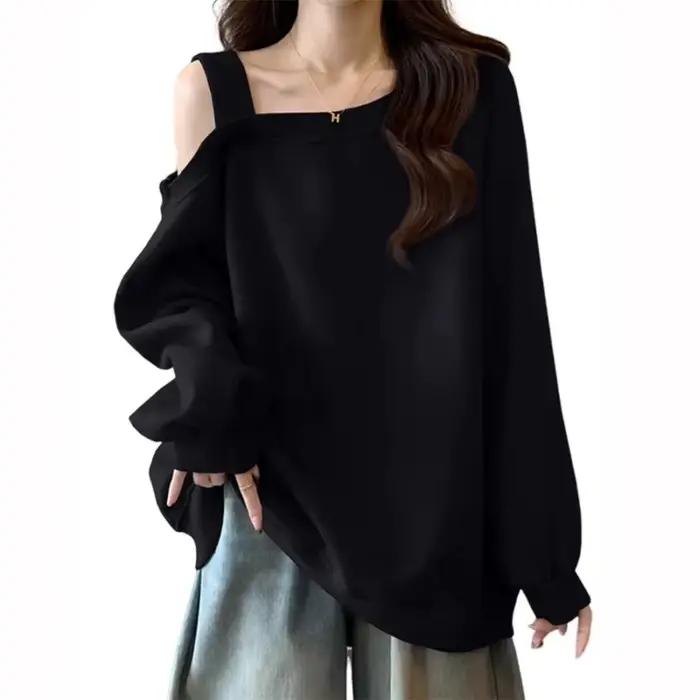 Sweat-shirt oversize à épaules dénudées pour femme - Haut décontracté à manches longues à bretelle u