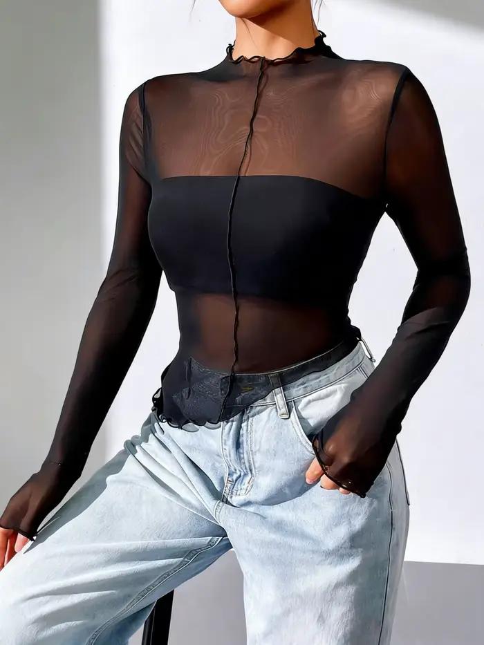Ensemble deux pièces en maille pour femme, haut ajusté transparent à manches longues, noir, tenue él