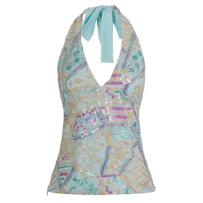 [RUOKE] Débardeur à bretelles avec broderie tribale et paillettes pour femmes, sexy, dos nu, pour so