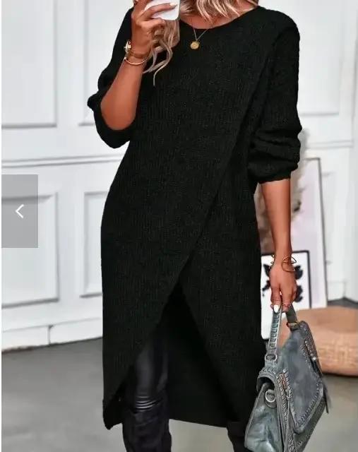 Pull Long tricoté pour femme, gris, kaki, chaud, en fourrure, Maxi Y2k, e-girl, pull de travail, col