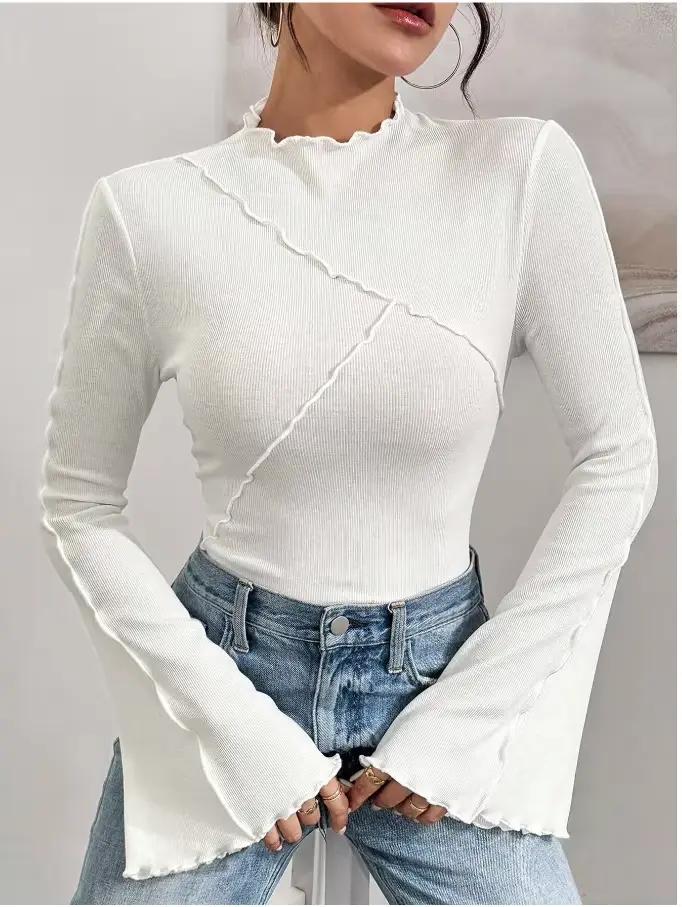 Économie à manches longues pour femmes, col rond, ourlet irrégulier, manches évasées, t-shirt à fond