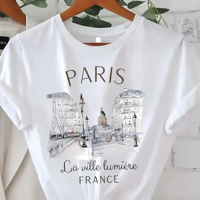 T-shirt imprimé Paris années 90 pour femme, haut décontracté à manches courtes et col rond pour l'ét