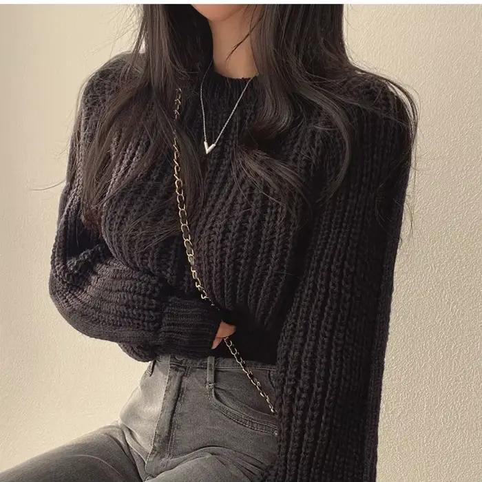 Pull rose à manches bouffantes, doux et moelleux pour femmes, pull ample pour l'automne et l'hiver, 
