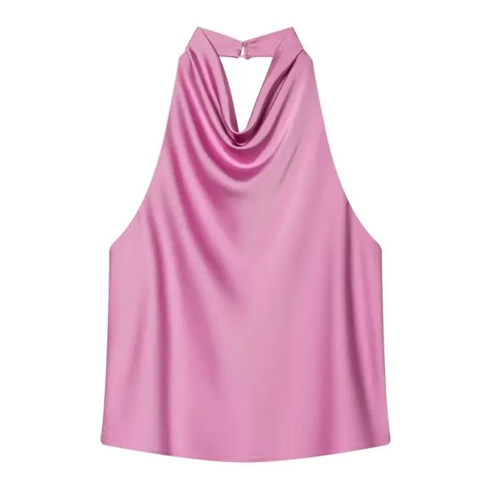 HXAO marron haut à licou femmes été culture hauts pour femme sans manches Satin noir haut Camisole d