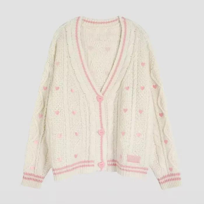 Cardigan d'amant avec bouton de coeur rose, Patch brodé, pull tricoté doux, confortable, Lover-Era T