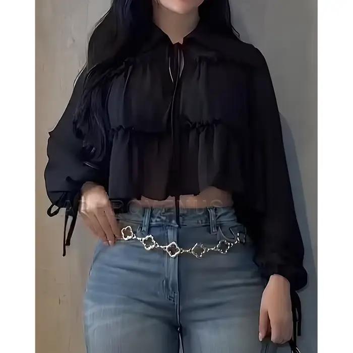 Chemise fluide en mousseline de soie pour femmes, manches longues, détail à volants, coupe ample, ch