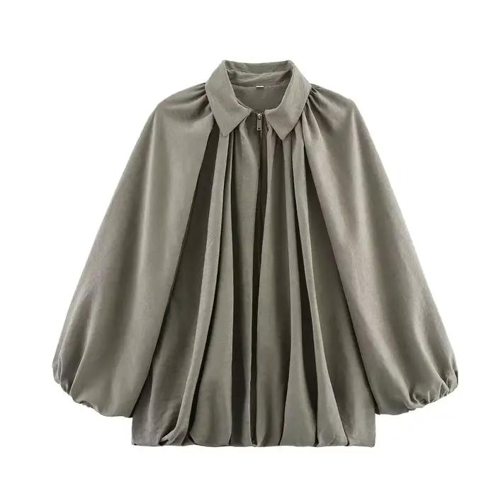 Vestes à manches bouffantes pour femme, blouson bombardier plissé, vêtements d'extérieur, haut Vinta