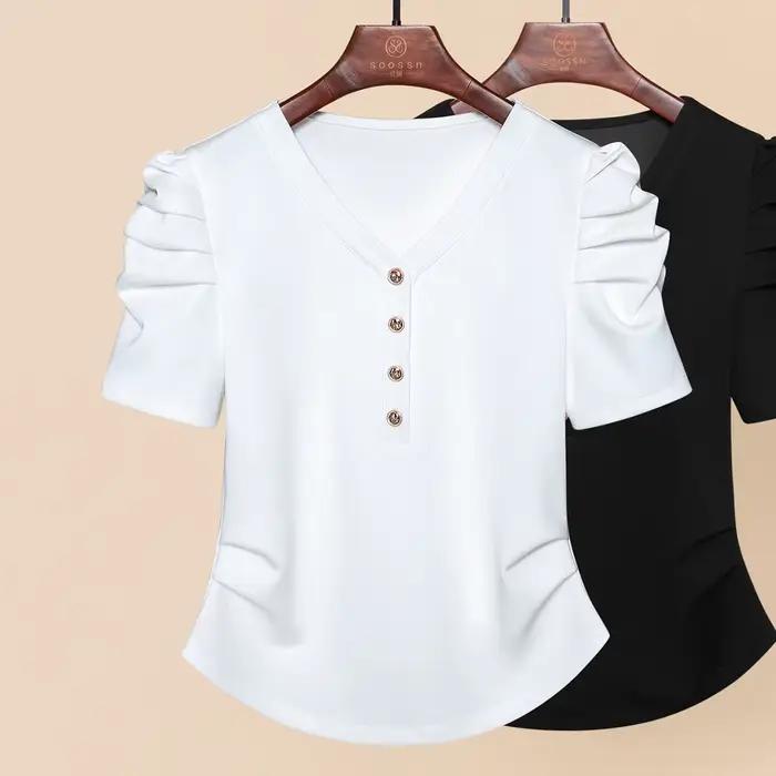 T-Shirt de Luxe à Col en V et Manches Bouffantes pour Femme, Vêtement de Styliste de Style Français,