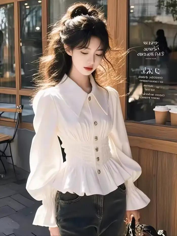 Chemise à manches longues pour femme, haut à taille cintrée, printemps et automne