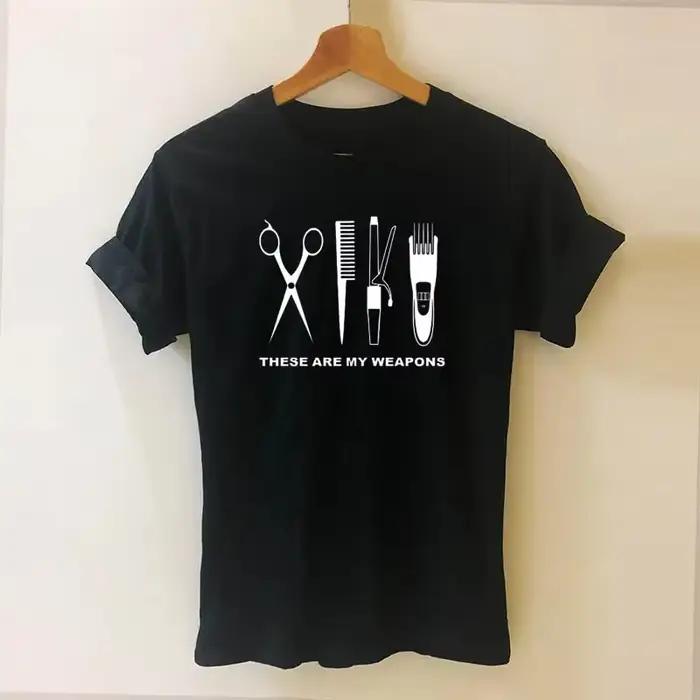 T-shirt de coiffeuse à manches courtes et col rond pour femmes et filles, motif ciseaux