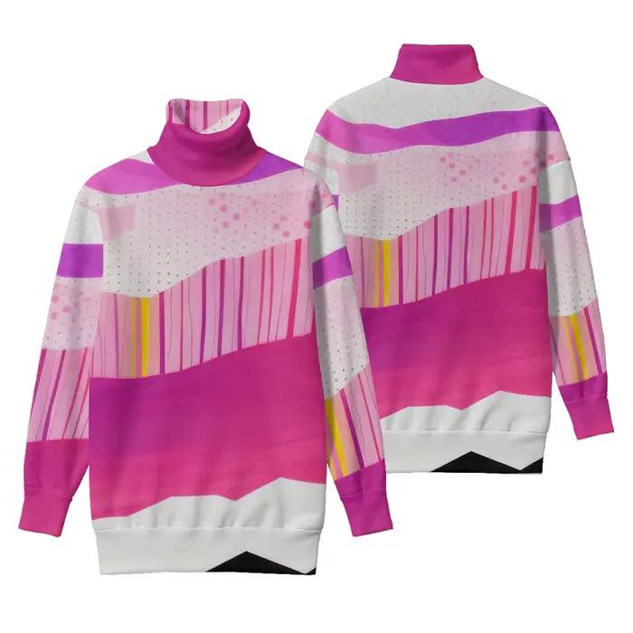 Sweat-shirt à col roulé à col roulé, imprimé géométrique abstrait, rose, violet, blanc, pull de rena