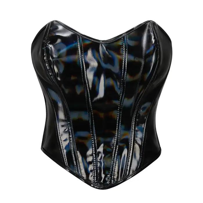Corset gothique en cuir PU brillant pour femme, Bustier en PVC argenté, Body Shaper, Corselet sexy, 
