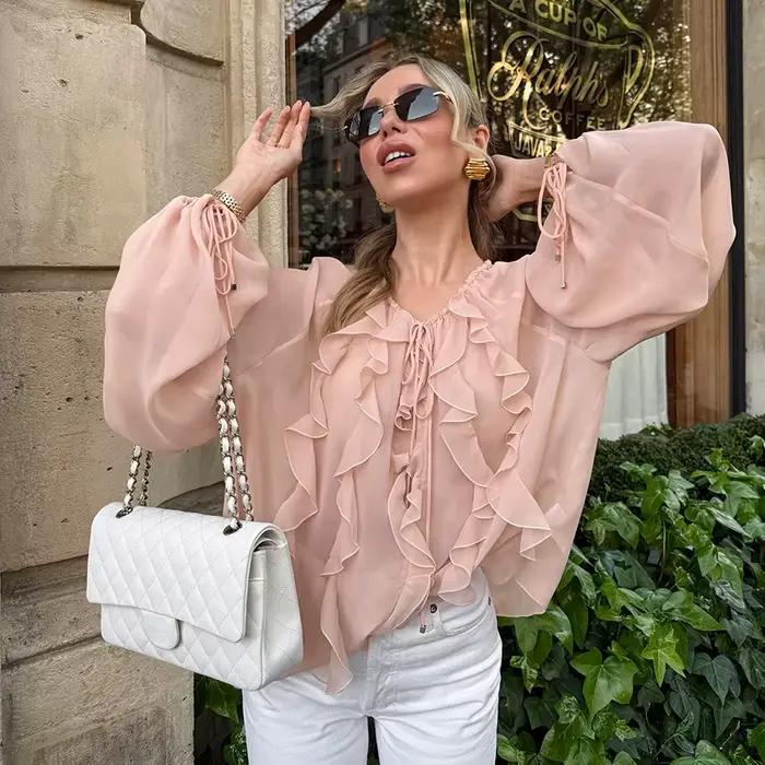 Chemisier ample à volants en mousseline de soie rose, col en v, mode d'été européenne et américaine,