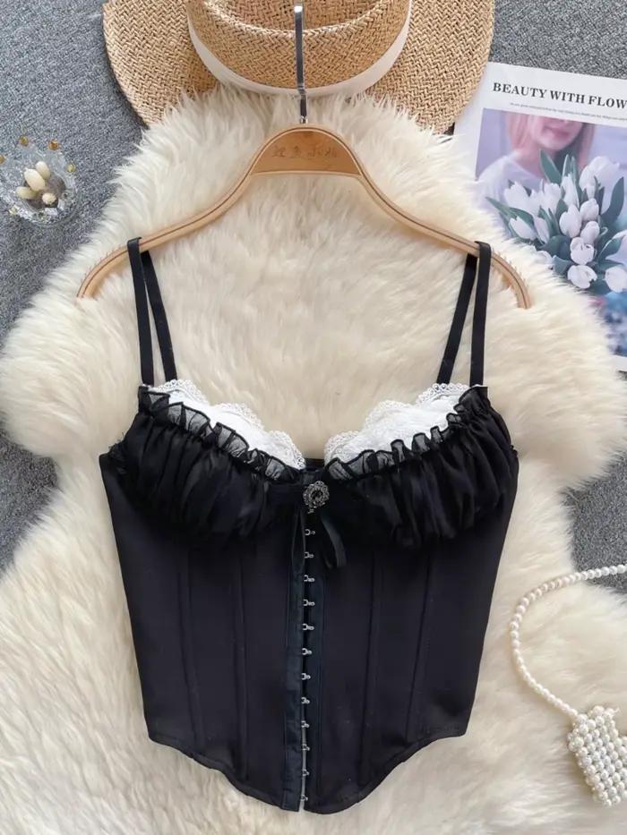 Débardeur Chic en dentelle pour femmes, Patchwork, bretelles Spaghetti, haut court, dos nu, Corset, 