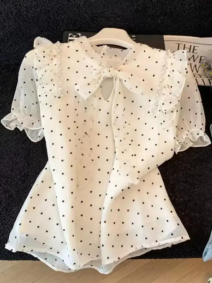 Chemisier Chic en Chiffon à Nœud pour Femme, Imprimé Cœur Mignon, Manches Courtes à Volants, Col Ron