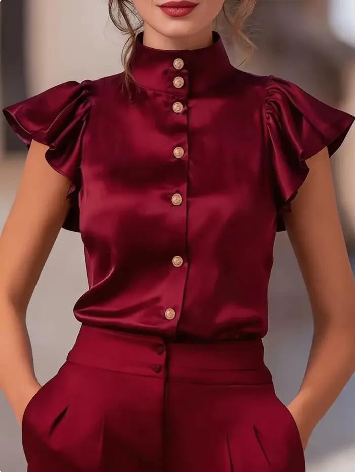 Chemise en satin à col montant, manches bouffantes et boutons pour femmes, idéale pour le bureau et 