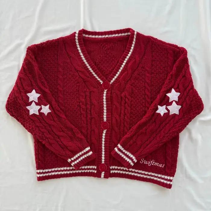 Cardigan rouge brodé d'étoiles pour femme, pull tricoté de Noël, col en V décontracté, vêtement en m