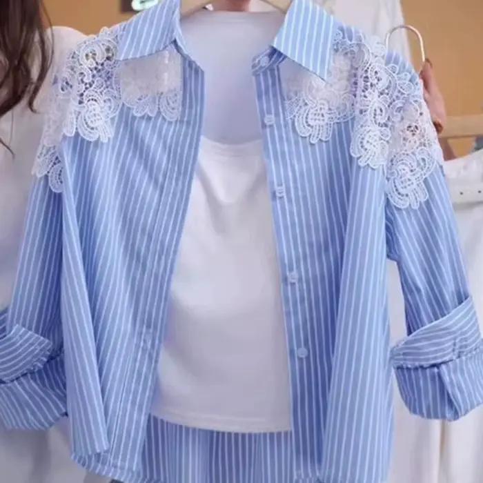 Chemise rayée à col Polo pour femmes, avec crochet en dentelle, nouvelle veste ample, printemps
