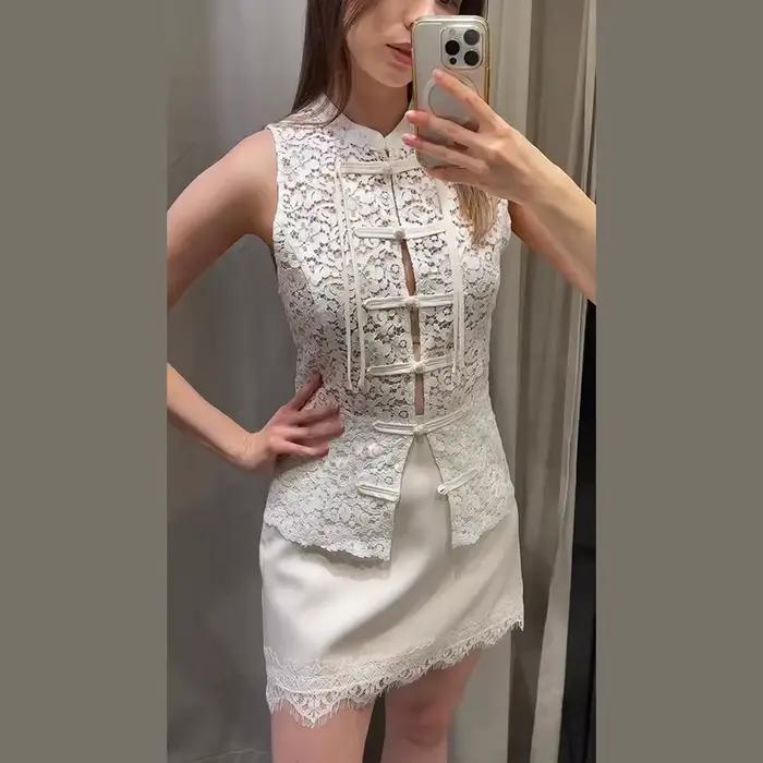Nouveau Débardeur Élégant en Dentelle Transparente pour Femme, Style Vintage Beige, Sans Manches, Bo