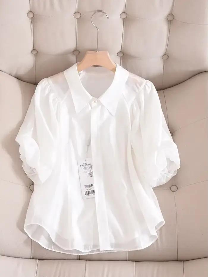Nouvelle Blouse en Chiffon Légère Style Français Élégant 2024 avec Col Peter Pan – Vêtement d'Été Fé