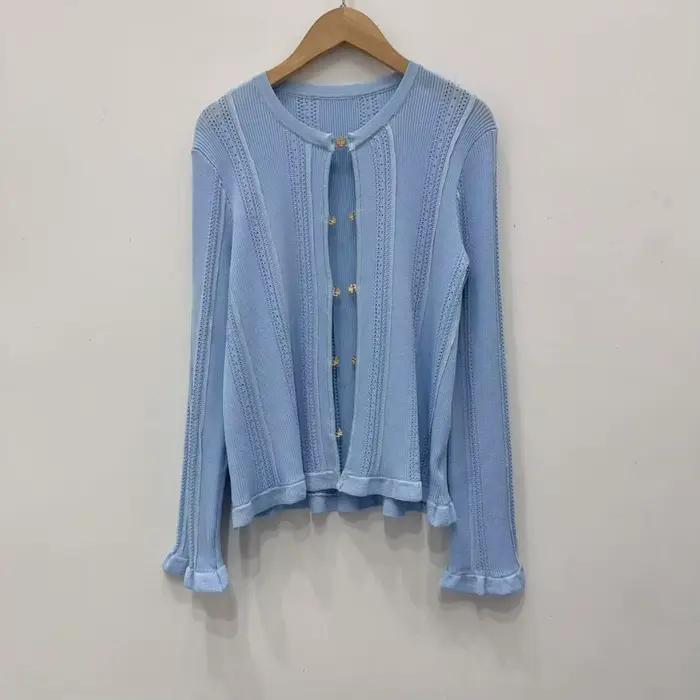 Ensemble deux pièces pour femme, pull ajouré bleu ou noir, printemps 2026, nouveau cardigan à col ro