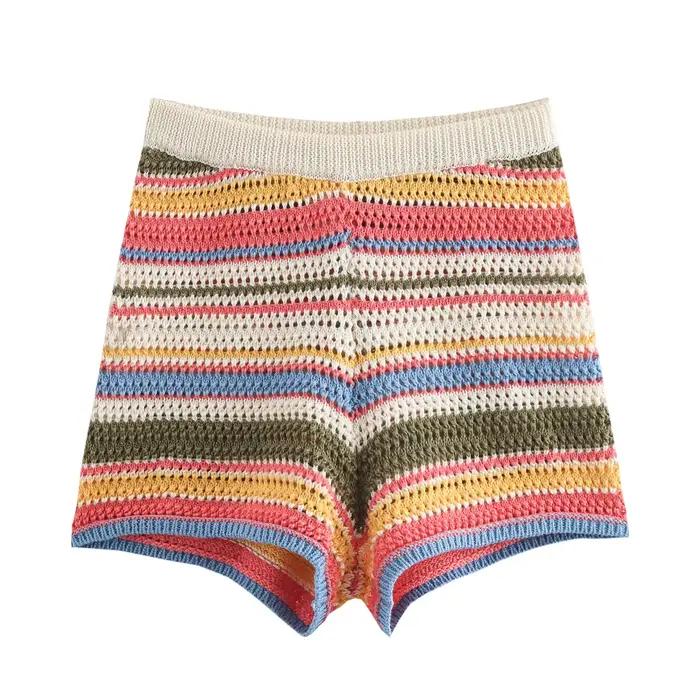 Femmes Patchwork rayé évider Crochet tricoté récolte pull ensemble Short et haut à manches courtes c