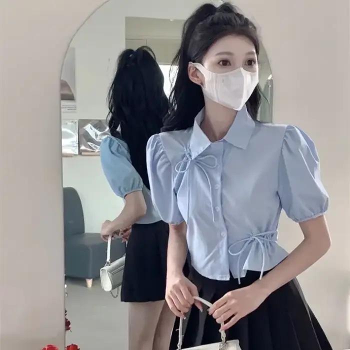 Chemisier court à manches bouffantes pour femmes, chemises à nœud, simple boutonnage, bureau, dame, 
