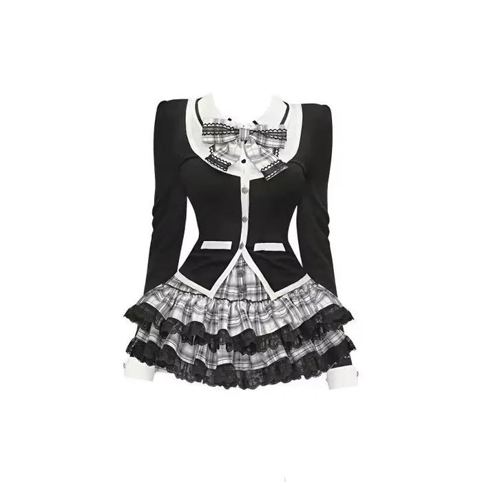 Ensemble jupe Cardigan à volants pour femmes, Y2k, doux, slim, dentelle, col Slash, écharpe, manches