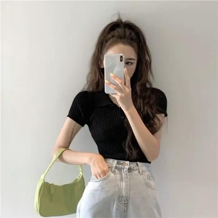 Nouveau T-shirt Polo Femme en Maille Côtelée – Hauts Sexy d'Été Basiques Ajustés Décontractés à Manc
