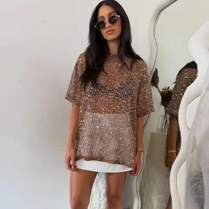 Haut transparent à sequins coupe oversize, manches mi-longues, col rond, pour femme, collection Prin