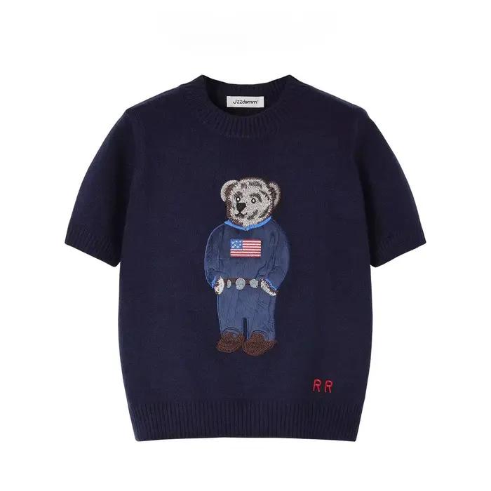 T-shirt d'été pour femme à manches courtes, brodé motif ours en peluche de dessin animé, tricoté, te