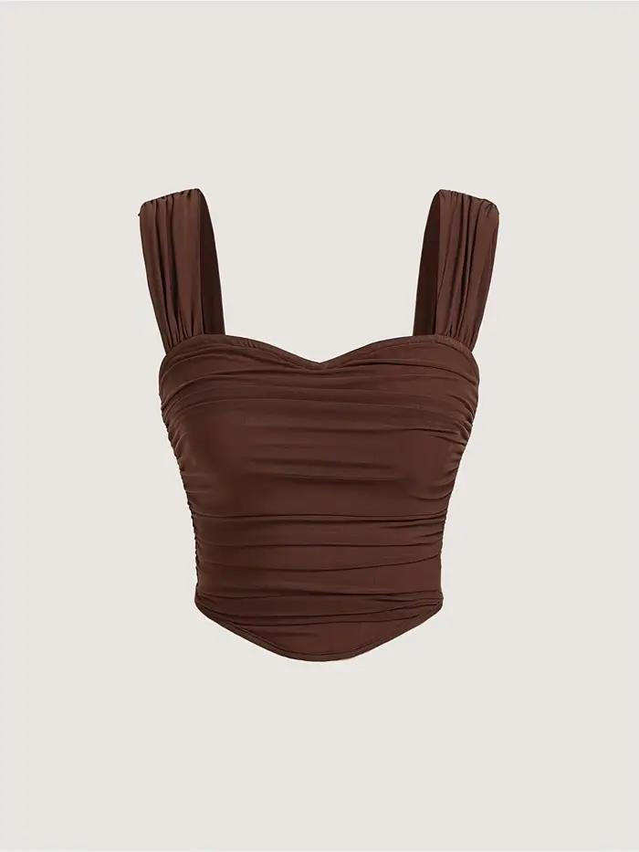 Un haut licou marron, élégant et noble, dos nu, sexy de couleur unie pour femme
