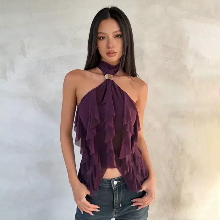 PixieKiki Haut court sexy à volants et dos nu, style licou, pour femme, pour sorties, collection été