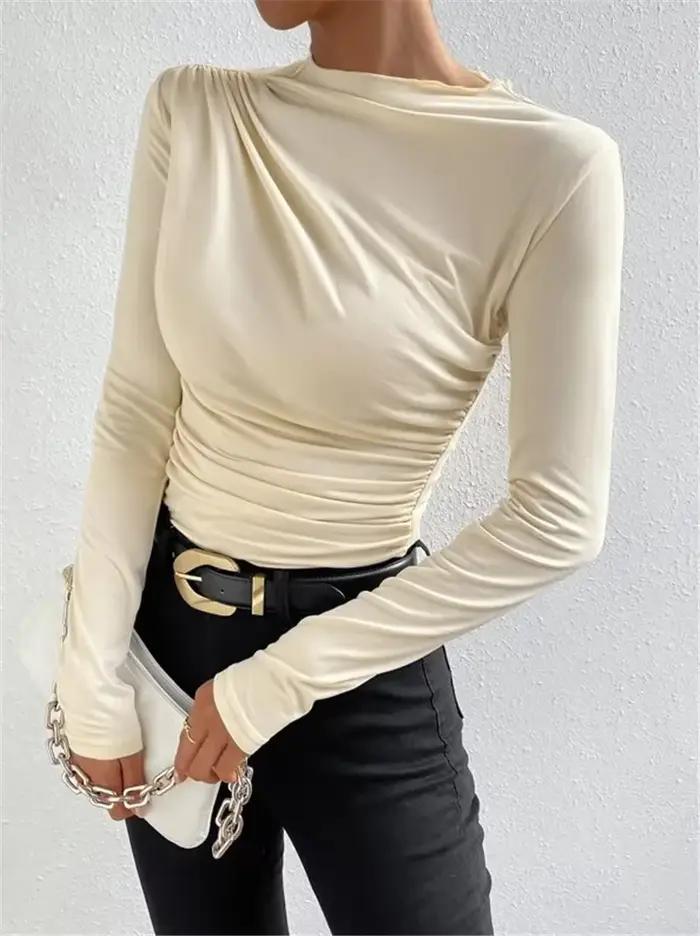 T-shirt basique à manches longues pour femmes, haut court, col oblique, monochromatique, streetwear 