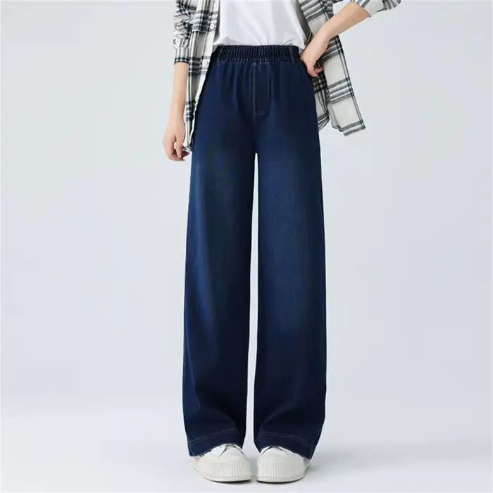 Jean à jambes larges femme taille haute tirer sur Baggy extensible Jean pantalon jambe droite Denim 