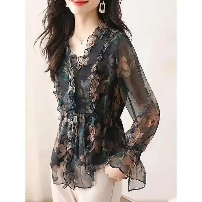 Chemise en mousseline de soie florale pour femmes, printemps-automne, nouvelle tendance de la mode, 