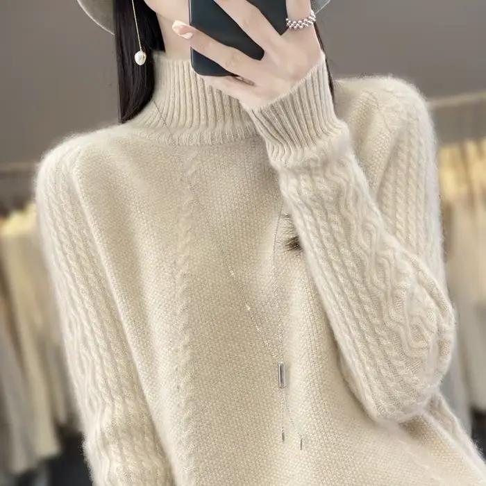 Pull à col roulé en laine mérinos pour femme, pull en tricot monochrome, nouveau, automne, hiver, 10