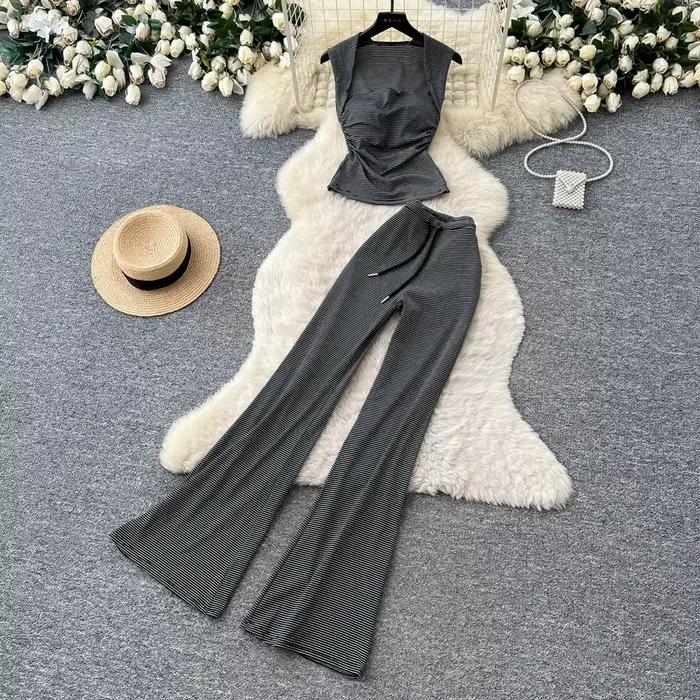 Ensemble pantalon femme deux pièces, hauts rayés sans manches, pantalon évasé, taille élastique à la