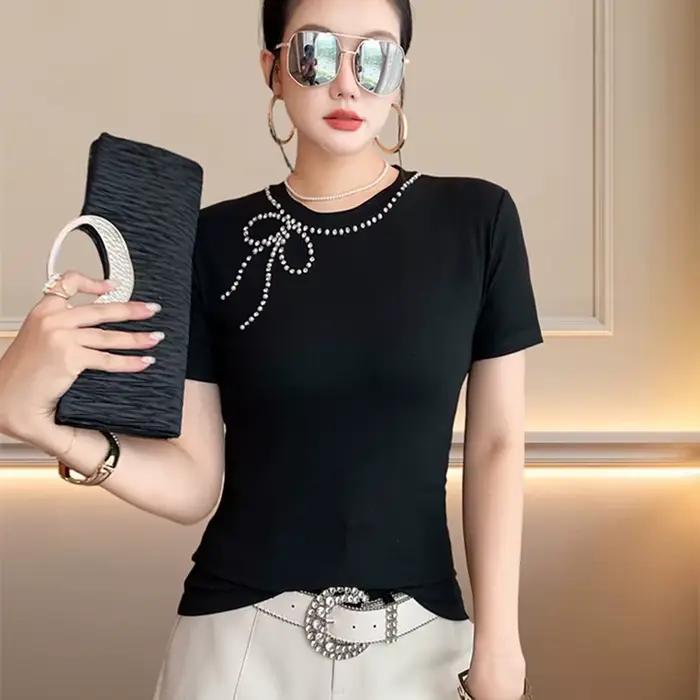 Nouveau T-shirt d'été chic en coton fait main avec perles pour femme, col rond, manches courtes, élé