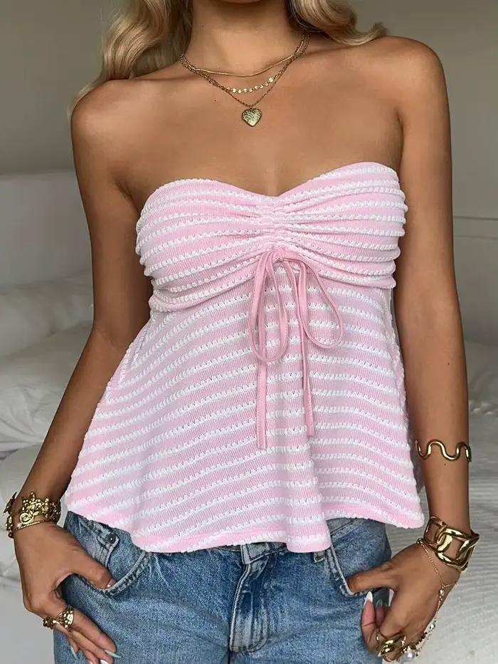 Haut d'été rose rayé à cordon de serrage, tricoté, taille élastique, coupe décontractée