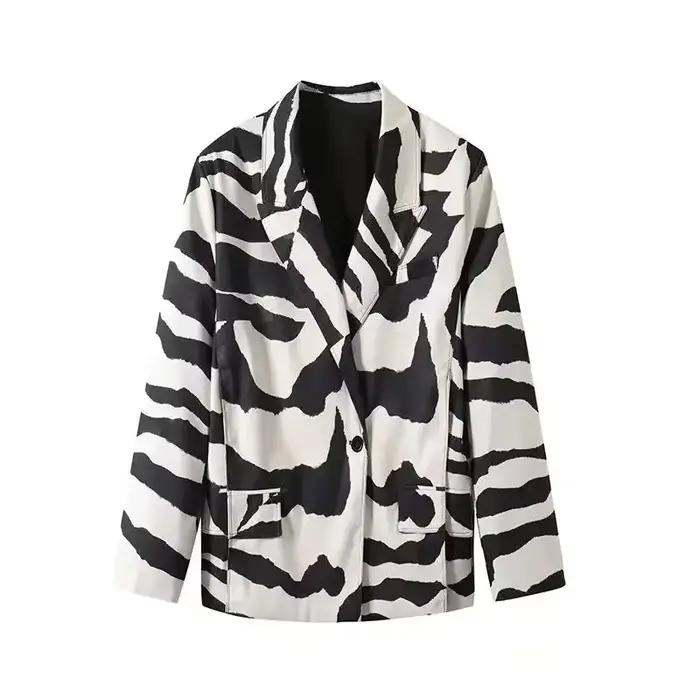 Blazer Chic à rayures zébrées pour femmes, manteaux courts, manches longues, revers, col en v, bouto