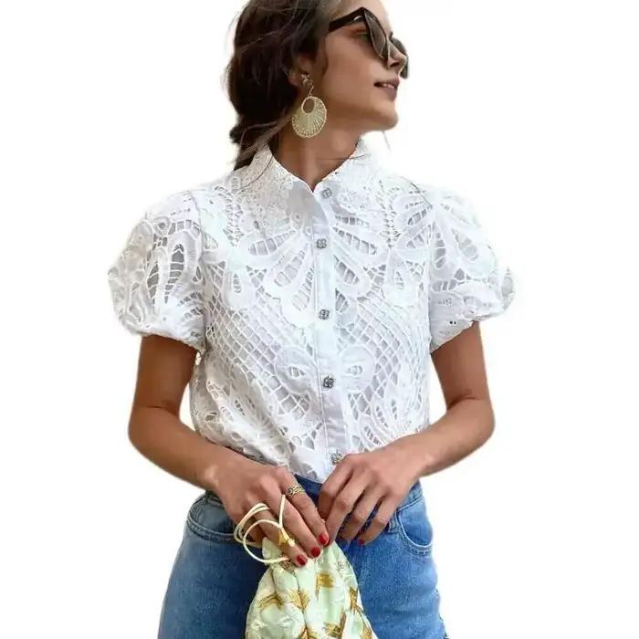 Chemise de créateur en dentelle pour femmes, chemisier élégant en dentelle au Crochet, chemise à rev