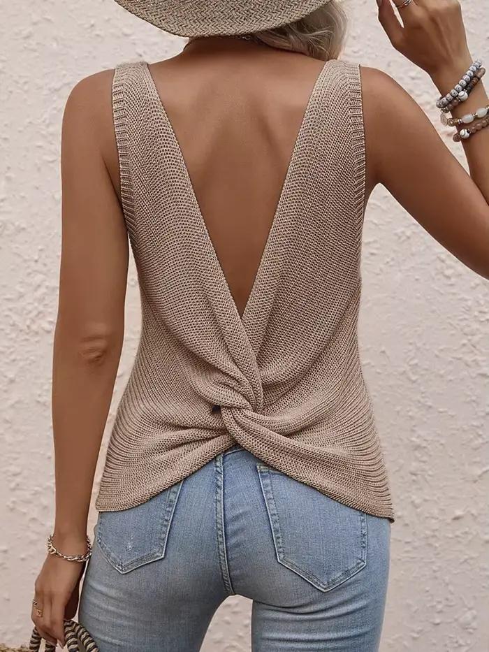 Débardeur beige dos nu pour femme, col en V profond, ourlet torsadé, gilet en maille, coupe ajustée,