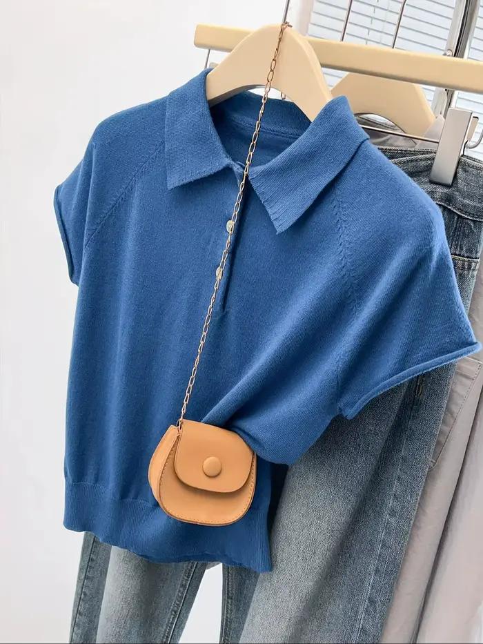 Haut en tricot d'été élégant pour femme, avec col polo et boutons rétro, manches courtes et tissu ex