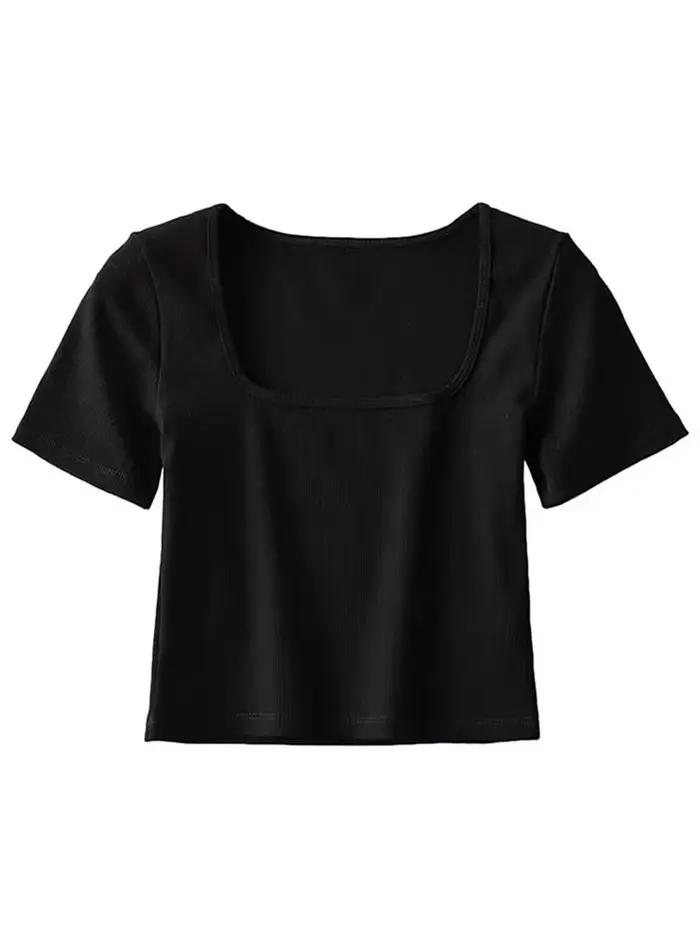 T-shirt court côtelé à col carré pour femmes, haut court à manches courtes