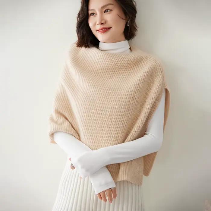 Cinz-Poncho Court en Cachemire pour Femme, Col Rond, Châle, Wraps Optiques, Côtes, Accessoires, Cape