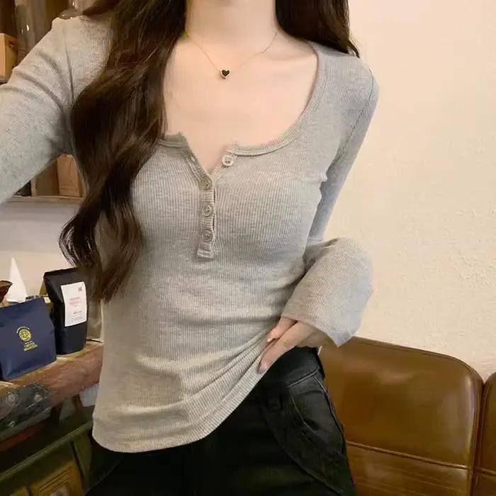 T-Shirt à manches courtes et col en U pour femme, haut gris, Simple et élégant, pur désir épicé, cou