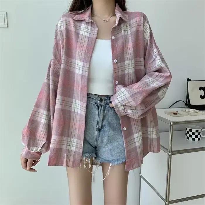 Chemise à carreaux femmes automne à manches longues haut femme simple boutonnage Blouse dames Style 