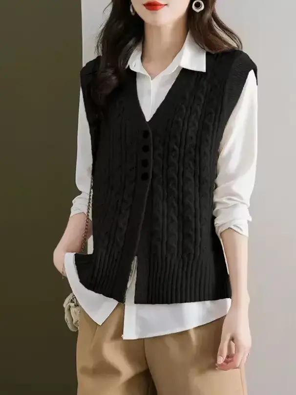 Cardigan tricoté torsadé à col en v pour femme, ensemble deux pièces, chemise laminée, nouvelle coll